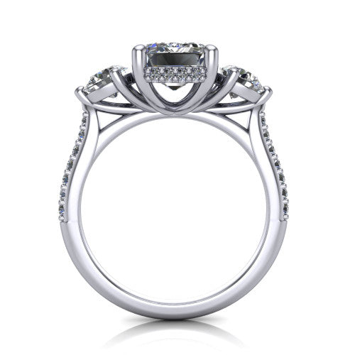 Phoebe emerald hidden halo engagement ring in 18K White Gold, through-finger front profile showing the three-stone head raised above the pav&eacute; band