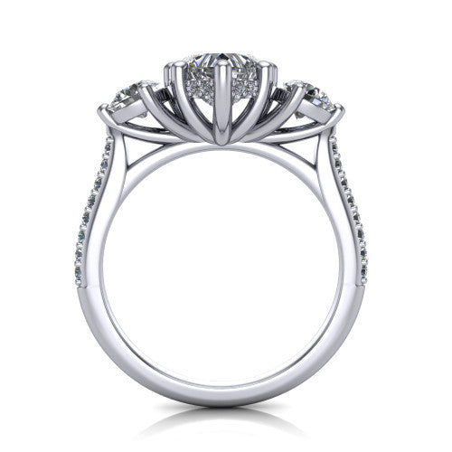 Phoebe heart hidden halo engagement ring in 18K White Gold, through-finger front profile showing the three-stone head raised above the pav&eacute; band