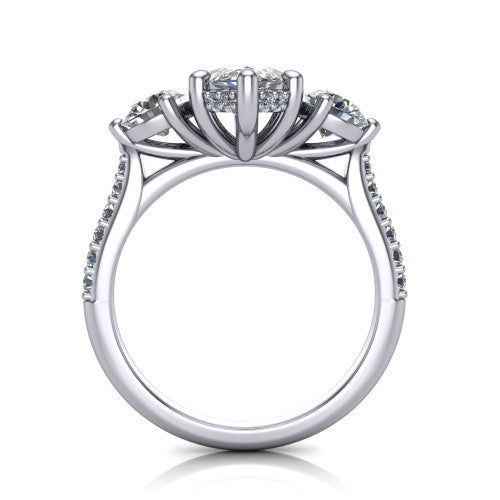 Phoebe marquise hidden halo engagement ring in Platinum, through-finger front profile showing the three-stone head raised above the pav&eacute; band