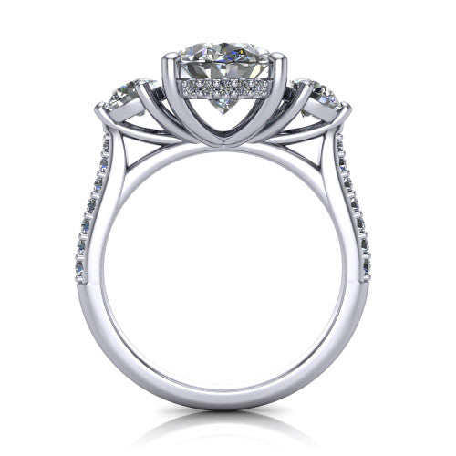 Phoebe oval hidden halo engagement ring in Platinum, through-finger front profile showing the three-stone head raised above the pav&eacute; band
