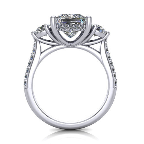 Phoebe princess hidden halo engagement ring in 14K White Gold, through-finger front profile showing the three-stone head raised above the pav&eacute; band