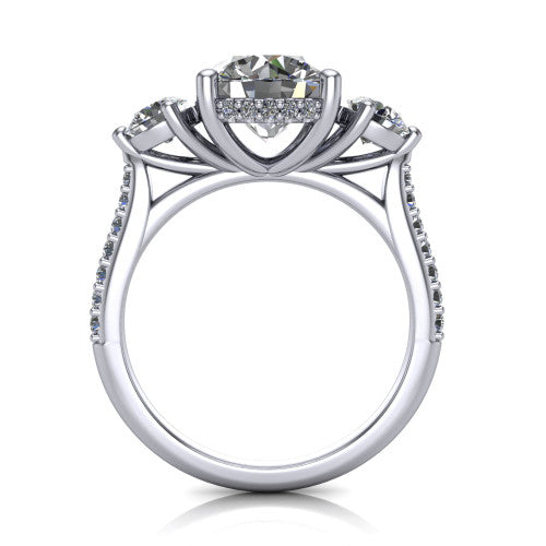 Phoebe round hidden halo engagement ring in Platinum, through-finger front profile showing the three-stone head raised above the pav&eacute; band