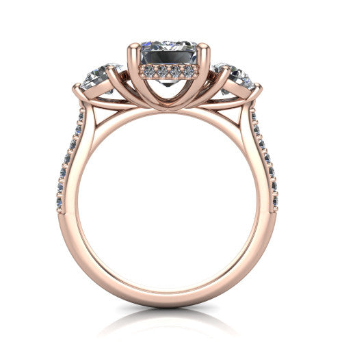 Phoebe emerald hidden halo engagement ring in 14K Rose Gold, through-finger front profile showing the three-stone head raised above the pav&eacute; band