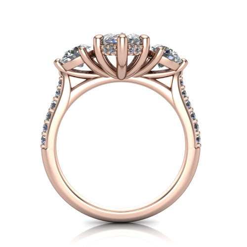 Phoebe marquise hidden halo engagement ring in 18K Rose Gold, through-finger front profile showing the three-stone head raised above the pav&eacute; band