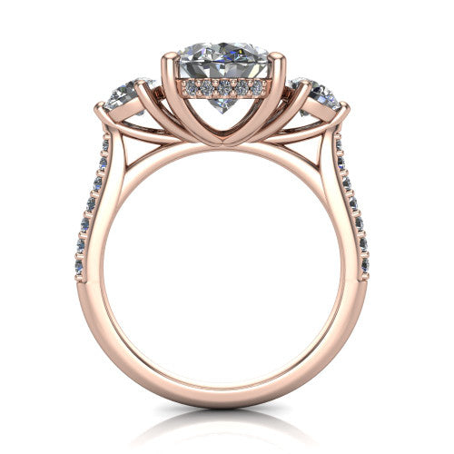 Phoebe oval hidden halo engagement ring in 18K Rose Gold, through-finger front profile showing the three-stone head raised above the pav&eacute; band