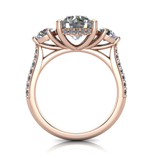 Phoebe round hidden halo engagement ring in 18K Rose Gold, through-finger front profile showing the three-stone head raised above the pav&eacute; band