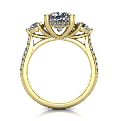 Phoebe cushion hidden halo engagement ring in 14K Yellow Gold, through-finger front profile showing the three-stone head raised above the pav&eacute; band