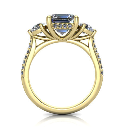 Phoebe asscher hidden halo engagement ring in 18K Yellow Gold, through-finger front profile showing the three-stone head raised above the pav&eacute; band