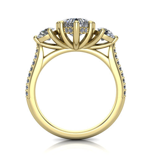 Phoebe heart hidden halo engagement ring in 14K Yellow Gold, through-finger front profile showing the three-stone head raised above the pav&eacute; band