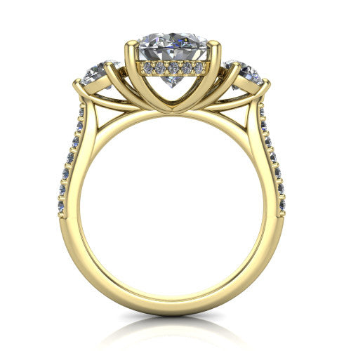Phoebe oval hidden halo engagement ring in 14K Yellow Gold, through-finger front profile showing the three-stone head raised above the pav&eacute; band