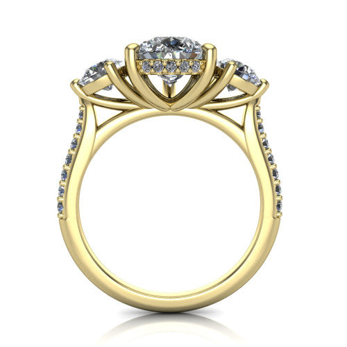 Phoebe pear hidden halo engagement ring in 14K Yellow Gold, through-finger front profile showing the three-stone head raised above the pav&eacute; band