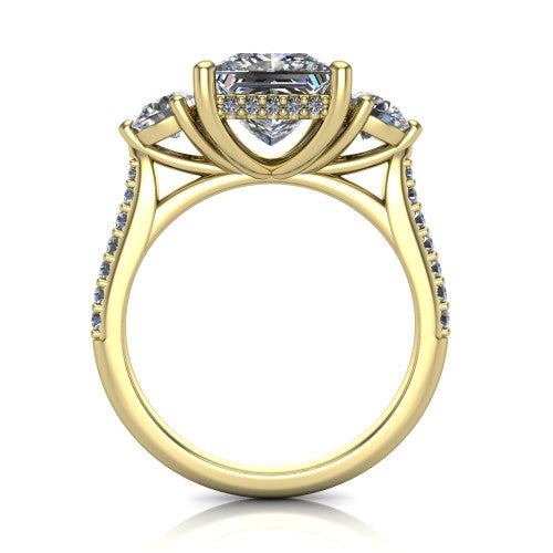 Phoebe princess hidden halo engagement ring in 14K Yellow Gold, through-finger front profile showing the three-stone head raised above the pav&eacute; band