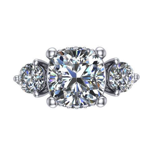 Phoebe cushion hidden halo engagement ring in 14K White Gold, top-down view showing the center diamond flanked by two round side stones over a hidden halo