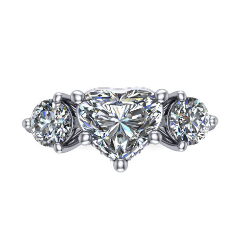 Phoebe heart hidden halo engagement ring in 14K White Gold, top-down view showing the center diamond flanked by two round side stones over a hidden halo