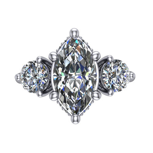 Phoebe marquise hidden halo engagement ring in Platinum, top-down view showing the center diamond flanked by two round side stones over a hidden halo