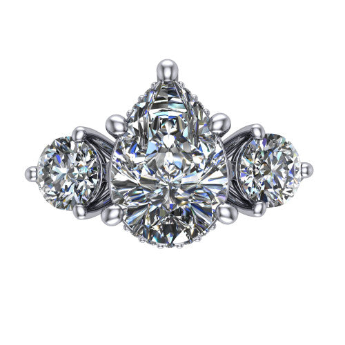 Phoebe pear hidden halo engagement ring in 14K White Gold, top-down view showing the center diamond flanked by two round side stones over a hidden halo