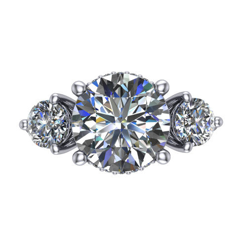 Phoebe round hidden halo engagement ring in 14K White Gold, top-down view showing the center diamond flanked by two round side stones over a hidden halo