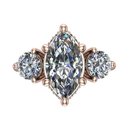 Phoebe marquise hidden halo engagement ring in 14K Rose Gold, top-down view showing the center diamond flanked by two round side stones over a hidden halo
