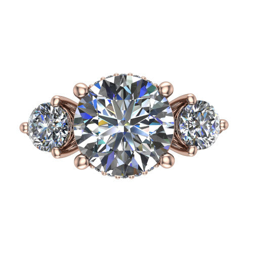 Phoebe round hidden halo engagement ring in 18K Rose Gold, top-down view showing the center diamond flanked by two round side stones over a hidden halo