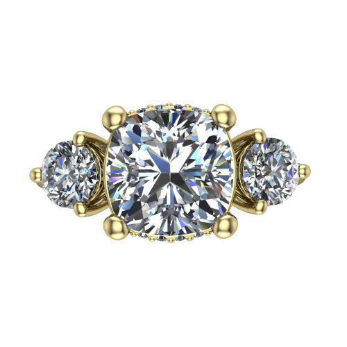 Phoebe cushion hidden halo engagement ring in 14K Yellow Gold, top-down view showing the center diamond flanked by two round side stones over a hidden halo