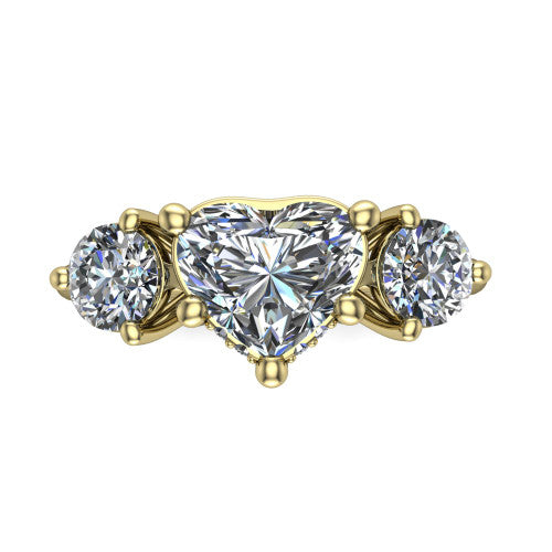 Phoebe heart hidden halo engagement ring in 14K Yellow Gold, top-down view showing the center diamond flanked by two round side stones over a hidden halo