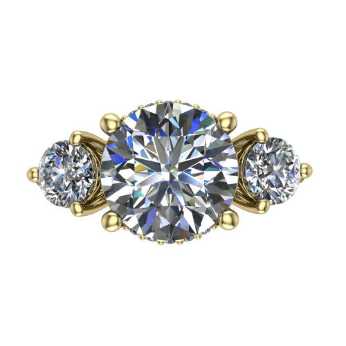 Phoebe round hidden halo engagement ring in 18K Yellow Gold, top-down view showing the center diamond flanked by two round side stones over a hidden halo