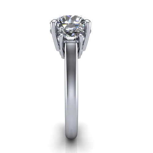 Imogen round three stone engagement ring in 14K White Gold, side profile showing the round side stone and the smooth tapered polished band