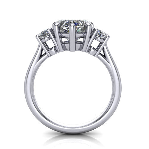 Imogen heart three stone engagement ring in 14K White Gold, through-finger front profile showing the three-stone head raised above the slim polished shank and trellis gallery