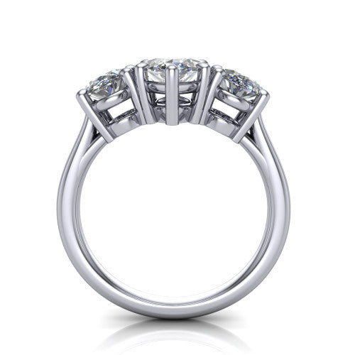 Imogen marquise three stone engagement ring in 14K White Gold, through-finger front profile showing the three-stone head raised above the slim polished shank and trellis gallery