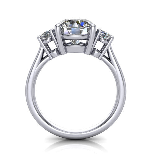 Imogen round three stone engagement ring in 18K White Gold, through-finger front profile showing the three-stone head raised above the slim polished shank and trellis gallery