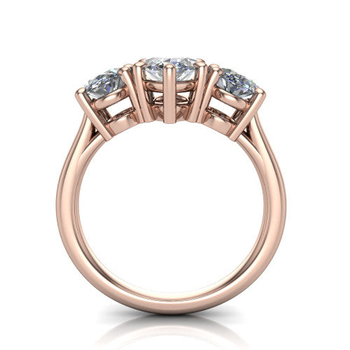 Imogen marquise three stone engagement ring in 14K Rose Gold, through-finger front profile showing the three-stone head raised above the slim polished shank and trellis gallery