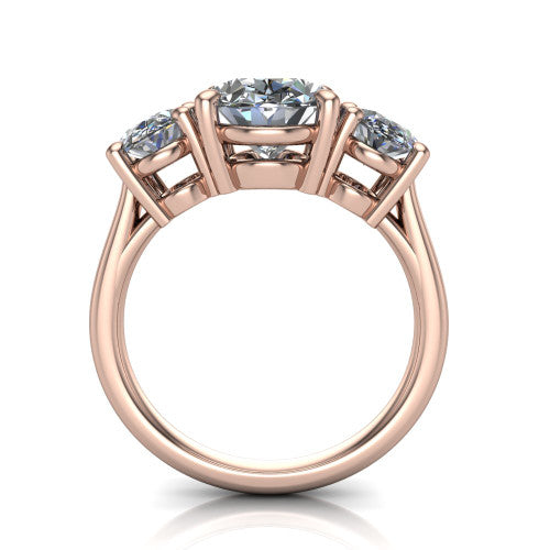 Imogen oval three stone engagement ring in 14K Rose Gold, through-finger front profile showing the three-stone head raised above the slim polished shank and trellis gallery