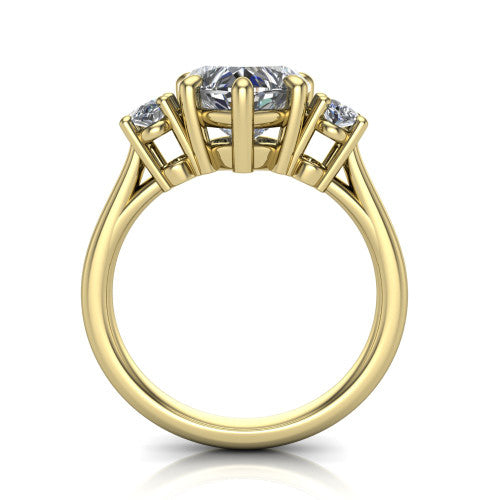 Imogen heart three stone engagement ring in 18K Yellow Gold, through-finger front profile showing the three-stone head raised above the slim polished shank and trellis gallery