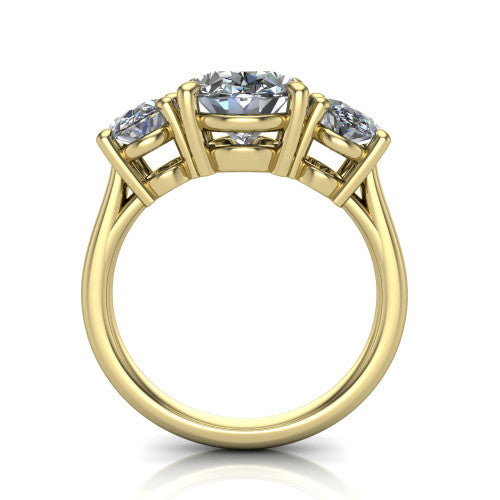 Imogen oval three stone engagement ring in 18K Yellow Gold, through-finger front profile showing the three-stone head raised above the slim polished shank and trellis gallery
