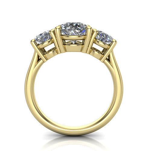 Imogen pear three stone engagement ring in 18K Yellow Gold, through-finger front profile showing the three-stone head raised above the slim polished shank and trellis gallery