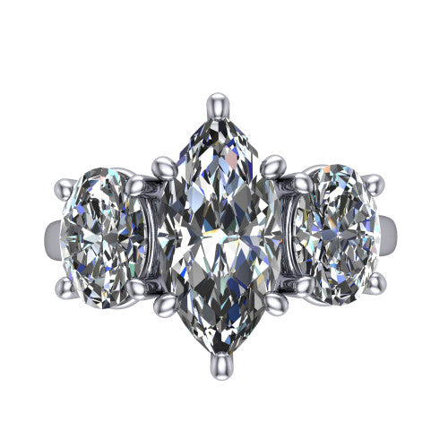 Imogen marquise three stone engagement ring in Platinum, top-down view showing the center diamond flanked by two round side stones in a classic three stone setting