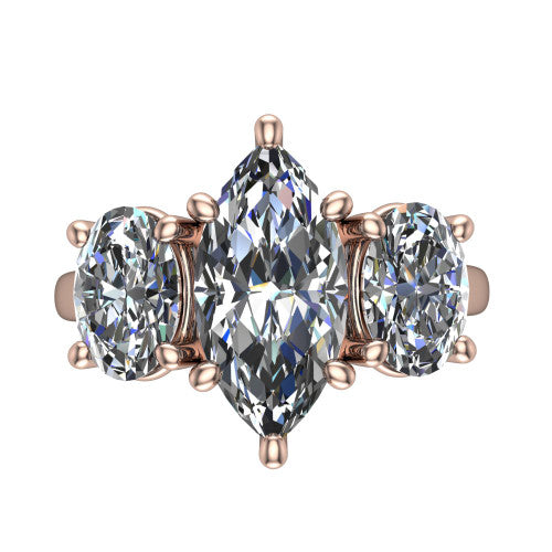 Imogen marquise three stone engagement ring in 18K Rose Gold, top-down view showing the center diamond flanked by two round side stones in a classic three stone setting