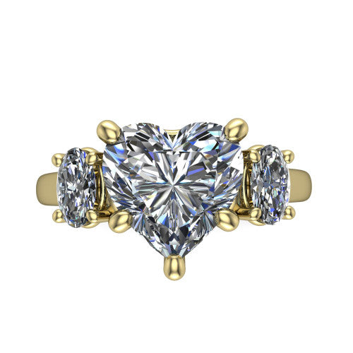 Imogen heart three stone engagement ring in 18K Yellow Gold, top-down view showing the center diamond flanked by two round side stones in a classic three stone setting
