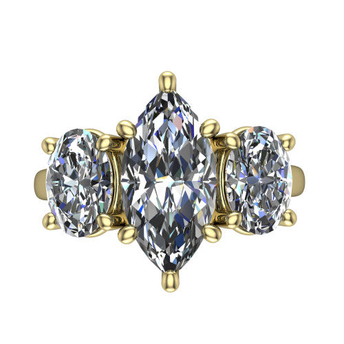 Imogen marquise three stone engagement ring in 18K Yellow Gold, top-down view showing the center diamond flanked by two round side stones in a classic three stone setting