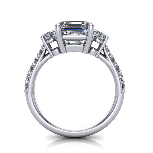 Poppy asscher three stone engagement ring in Platinum, through-finger front profile showing the three-stone head raised above the pav&eacute; band