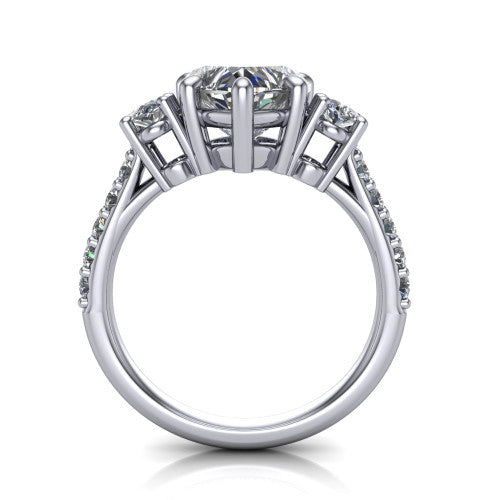Poppy heart three stone engagement ring in 18K White Gold, through-finger front profile showing the three-stone head raised above the pav&eacute; band
