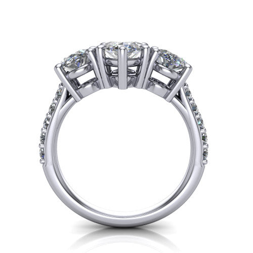 Poppy marquise three stone engagement ring in 14K White Gold, through-finger front profile showing the three-stone head raised above the pav&eacute; band