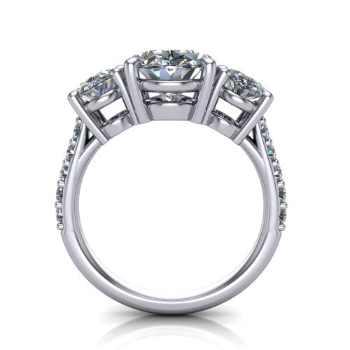 Poppy oval three stone engagement ring in 14K White Gold, through-finger front profile showing the three-stone head raised above the pav&eacute; band