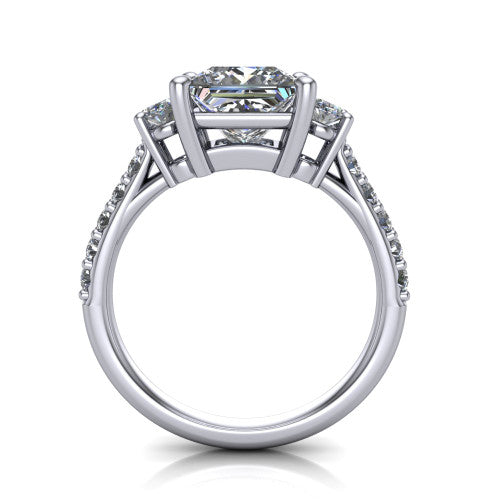 Poppy princess three stone engagement ring in 18K White Gold, through-finger front profile showing the three-stone head raised above the pav&eacute; band