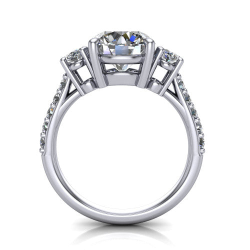 Poppy round three stone engagement ring in 14K White Gold, through-finger front profile showing the three-stone head raised above the pav&eacute; band