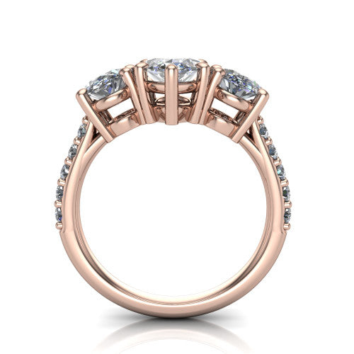 Poppy marquise three stone engagement ring in 14K Rose Gold, through-finger front profile showing the three-stone head raised above the pav&eacute; band