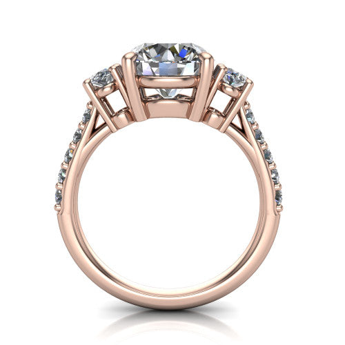 Poppy round three stone engagement ring in 18K Rose Gold, through-finger front profile showing the three-stone head raised above the pav&eacute; band