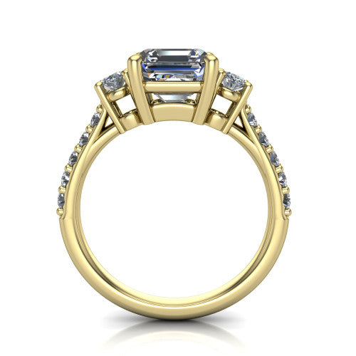Poppy asscher three stone engagement ring in 18K Yellow Gold, through-finger front profile showing the three-stone head raised above the pav&eacute; band