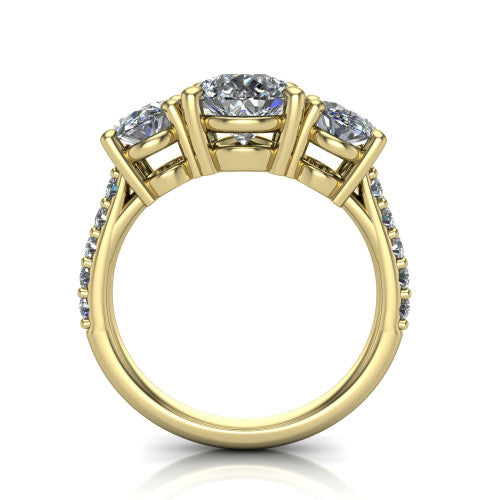 Poppy pear three stone engagement ring in 14K Yellow Gold, through-finger front profile showing the three-stone head raised above the pav&eacute; band