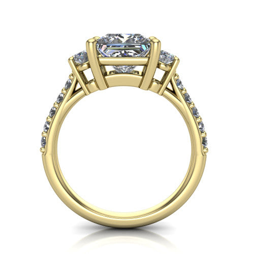 Poppy princess three stone engagement ring in 18K Yellow Gold, through-finger front profile showing the three-stone head raised above the pav&eacute; band